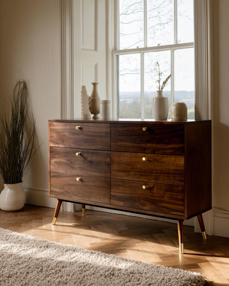 Kommode 'Prime' 6 skuffer - Valnött/Messing