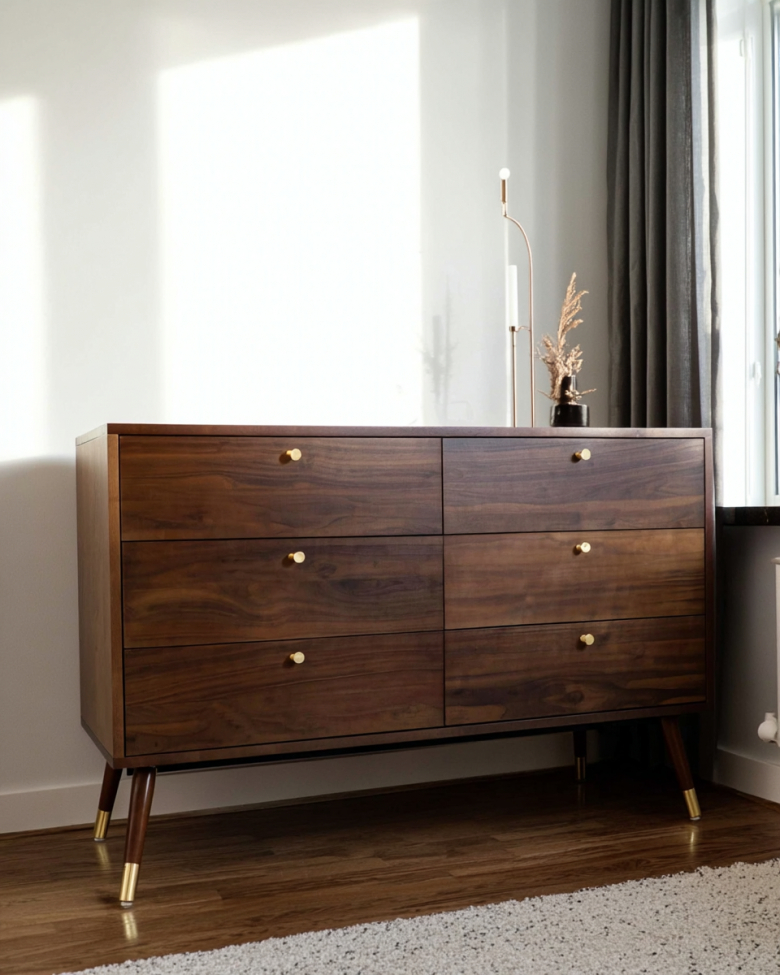 Kommode 'Prime' 6 skuffer - Valnött/Messing